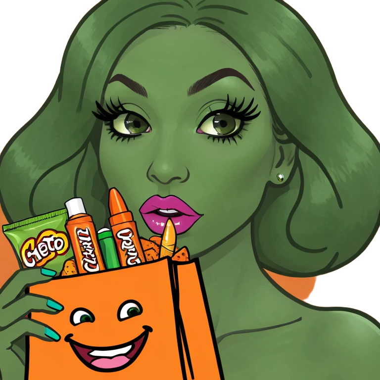 Big lips, long lashes, extreme makeup and nails with Cheeto bag emoji