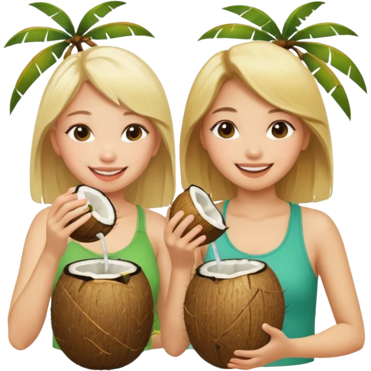 Two girls drinking out of a coconut one Asian one blonde  emoji