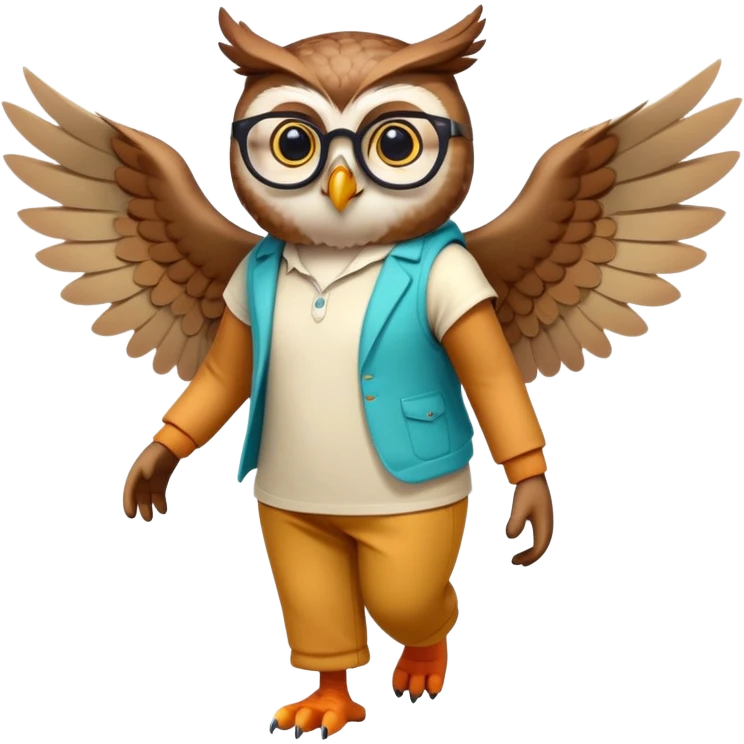 friendly anthropomorphised owl with wings instead of arms, colourful pants and shirt, wearing glasses, walking upright, unique pose 2 emoji
