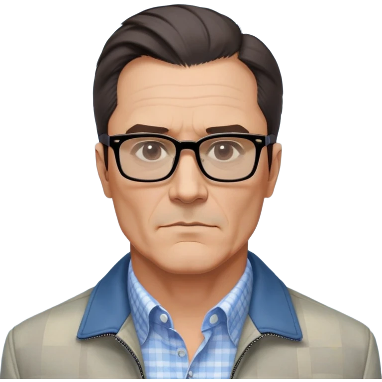 50-year-old man with very prominent and large square jawline that's wider than the rest of his face. Large dark square glasses, short straight hair combed to the side with some gray. Serious-relaxed expression. Light gray jacket, white shirt with blue checkered pattern. emoji