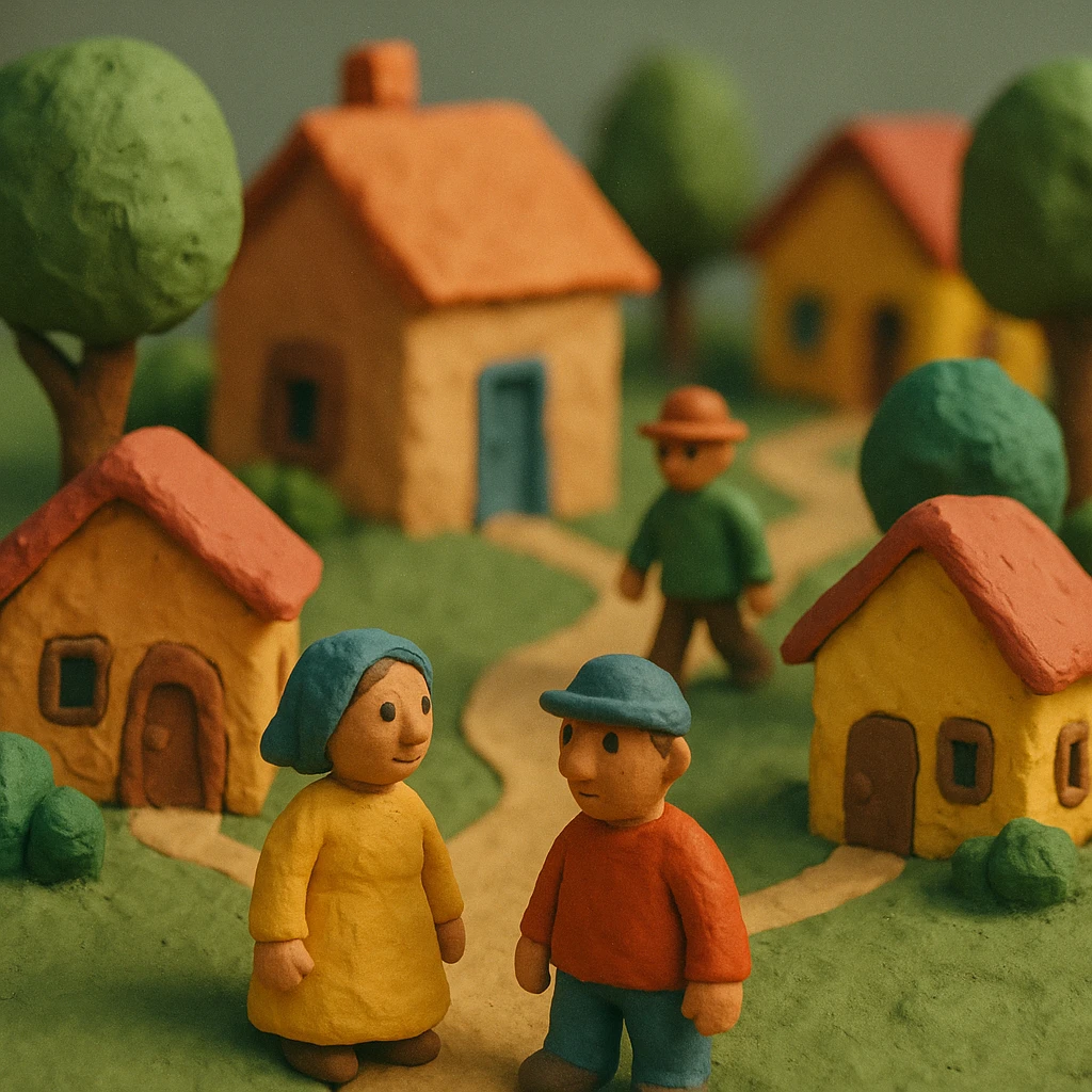 claymation style village life with clay houses, trees, and villagers emoji