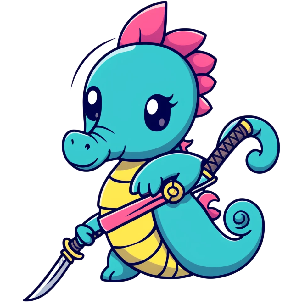 Seahorse ninja with ninja headband and katana sword emoji