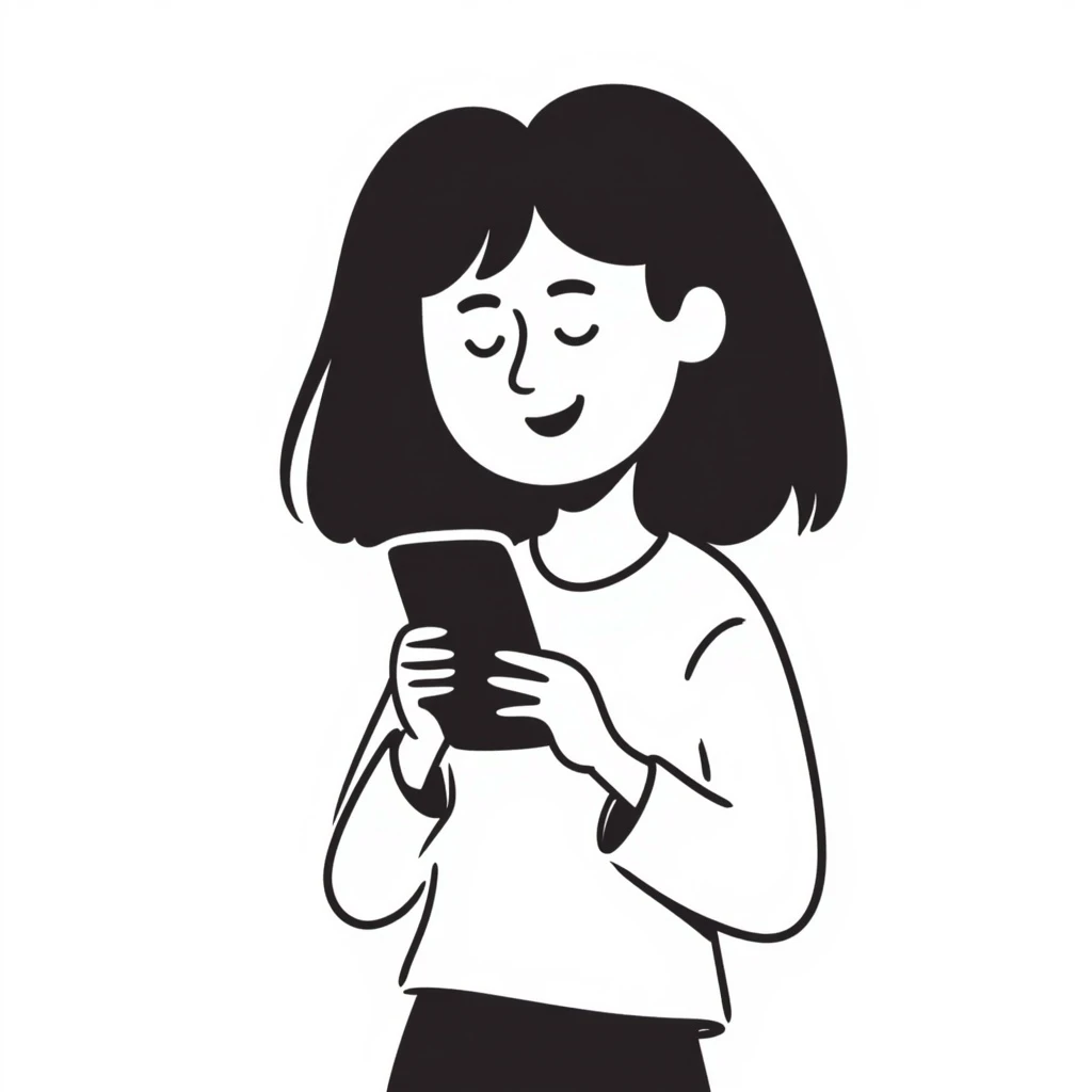 a girl holding a smartphone, smiling emoji