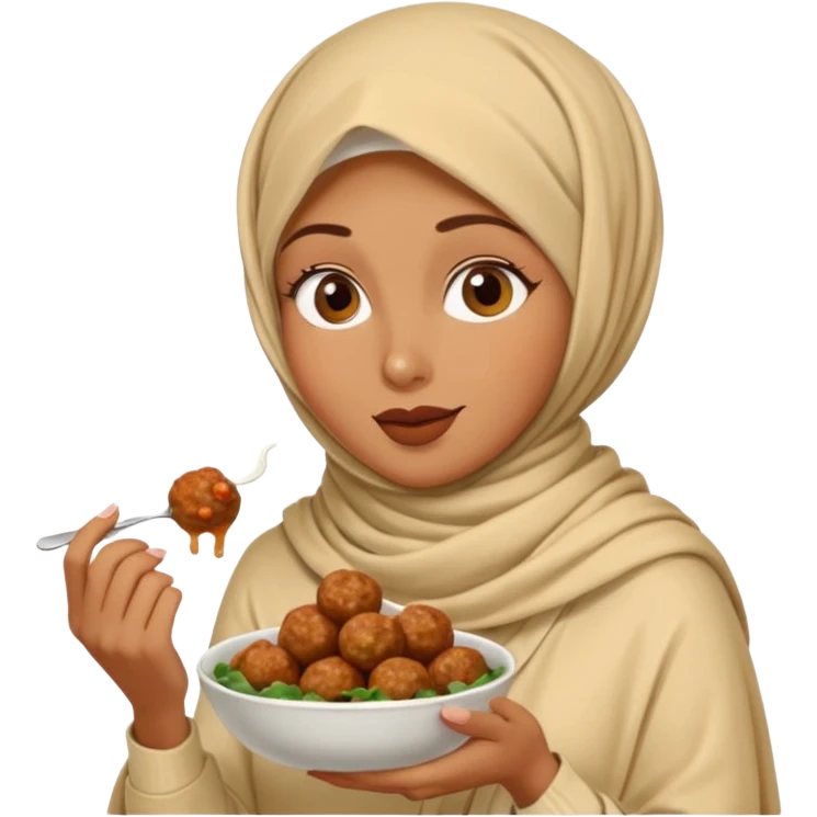 woman wearing a cream colored pashmina hijab eating meatballs emoji