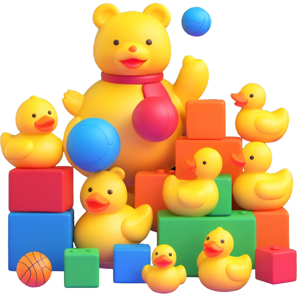 Colorful toys scattered together - teddy bear, rubber duck, toy blocks, ball, and action figures emoji