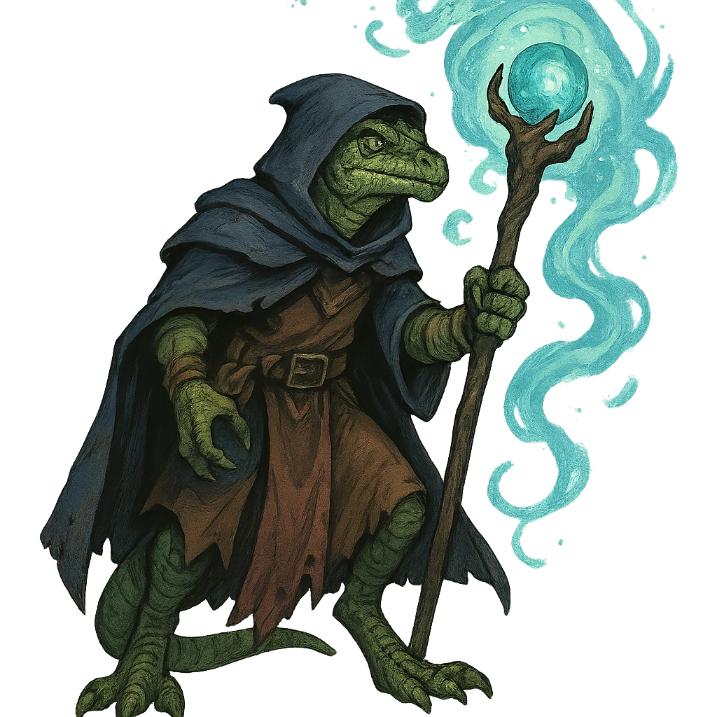 lizard man wizard, fantasy, staff, magical aura emoji