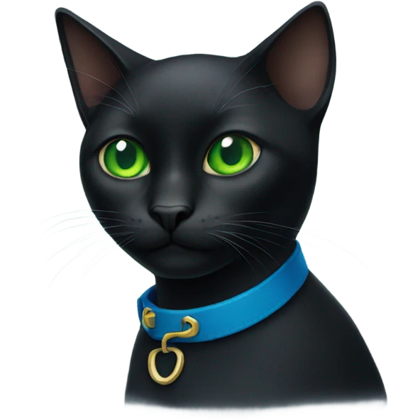 black cat with green eyes wearing a blue collar emoji