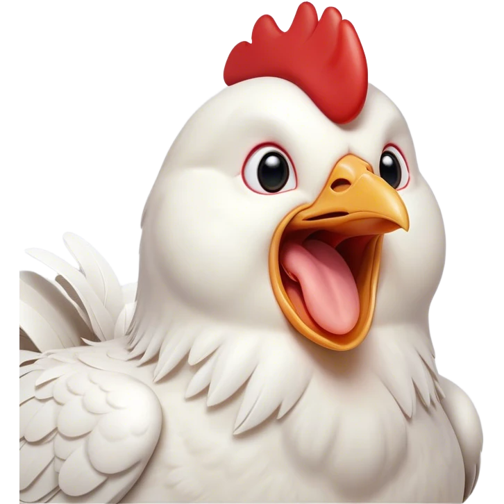Cinematic Cute Yawning White Chicken Portrait Emoji, Head tilted slightly with a dramatic, wide-open yawn, showcasing a soft, fluffy white plumage with a crisp red comb and drooping wings, round beady eyes barely open in drowsy contentment, Simplified yet irresistibly adorable features, highly detailed, glowing with a soft, cozy glow, high shine, relaxed yet expressive, stylized with a touch of whimsy, bright and endearing, soft glowing outline, capturing the essence of a sleepy yet affectionate chicken, so drowsy it feels like it could stretch out of the screen and curl up for a nap! emoji