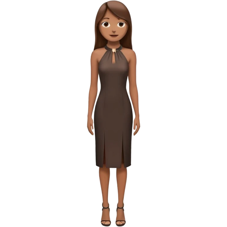 emoji-style illustration of a stylish woman with long straight brown hair, wearing a dark halter neck dress, elegant and minimalistic look, front-facing, soft 3D cartoon rendering, plain background emoji
