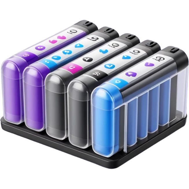 few cylindrical ink cartridges with clear or semi-clear plastic bodies, dark ink (black, blue, or purple) visible, rounded tips, sealed bases, shown clustered or scattered, no pen, packaging, or label, apple emoji style, soft lighting, subtle shadows, transparent background, emoji scale emoji