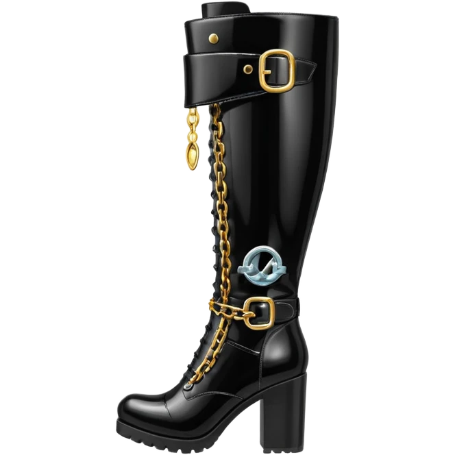 knee-high ultra detailed black patent leather boots with metallic buckle and chains emoji