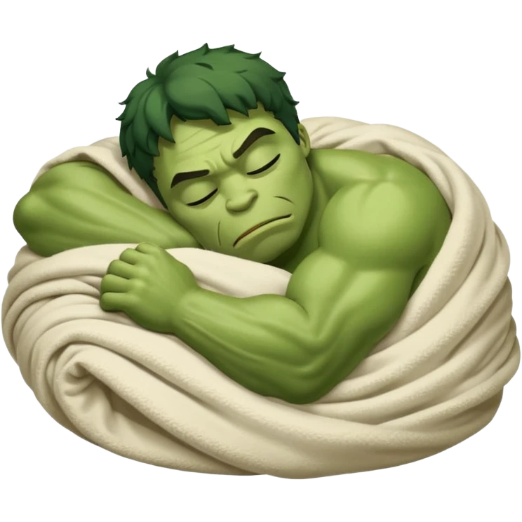 Incredible hulk curled up like a cat sleeping lying down in bed under blanket eyes closed emoji