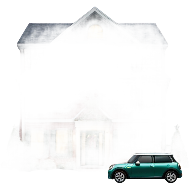townhome decorated for Christmas with a mini cooper parked out front emoji