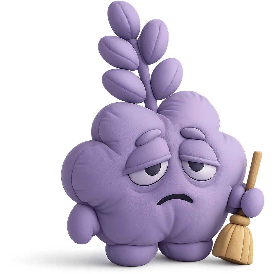 chubby lavender-colored lavender flower character with droopy eyes and a tired face, holding a tiny broom, cushion style emoji