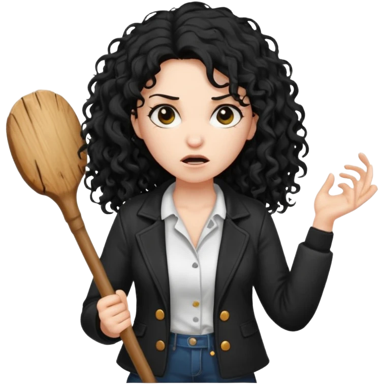Hey, please generate me an emoji that depicts a woman white skin long black curly disheveled hair slightly thicker, she is wearing a white T-shirt and a black unbuttoned jacket she is furious she is holding a large stick emoji