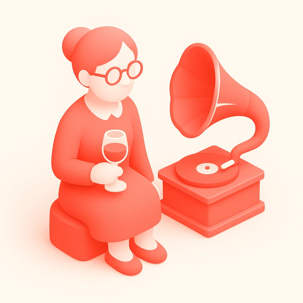 old lady with wineglass listening to gramophone emoji