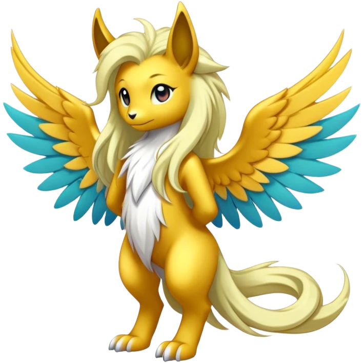Anthro Sona Cool Cute Colorful Shy Winged Shiny Fakemon-Fantasy-Creature With Long Hair-Mane Full Body emoji