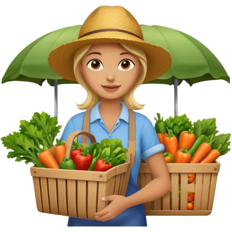 Shopper with veggie tote,Farmers’ Market, background veggies cart. emoji
