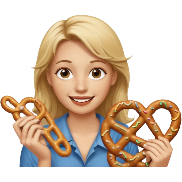 Woman with Dirty blond hair, fair skin with freckles,  holding pretzels and winking one eye emoji