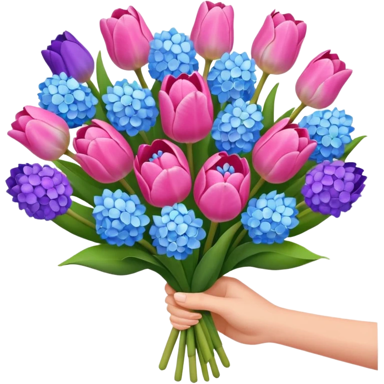tulip, hyacinth and hydrangeas boquet in one hand held boquet emoji