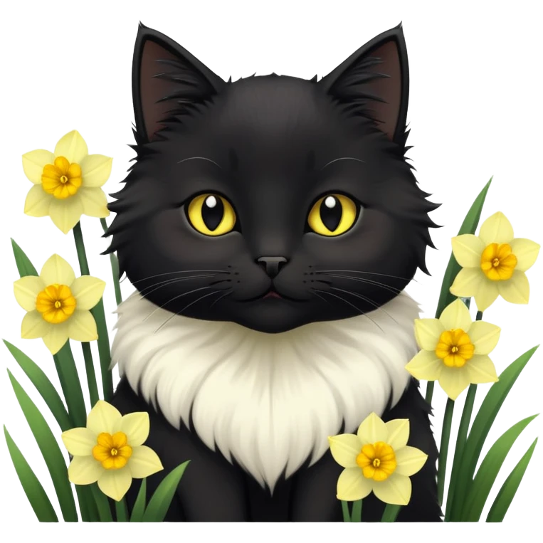 A cute  little  black cat and narcissus emoji