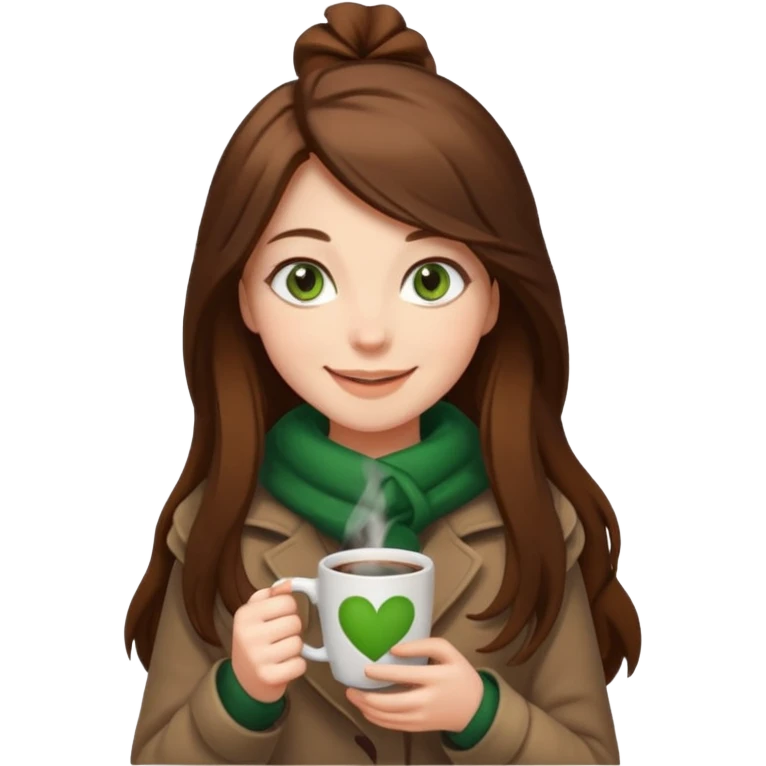 Girl green eyes brown long hair with brown-white winter clothes with coffee in her arms emoji