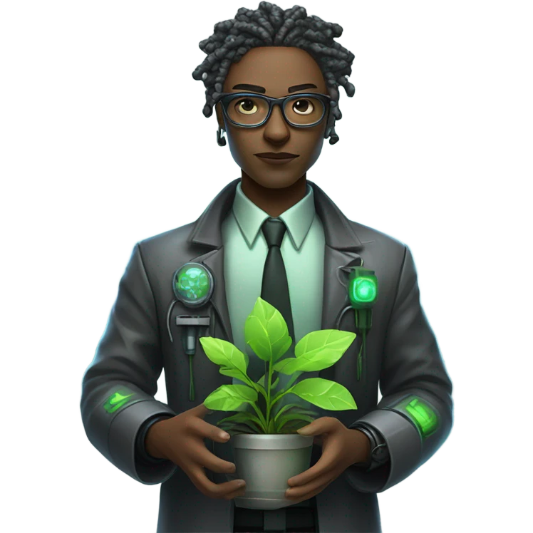 Cyberpunk scientist holding plant emoji