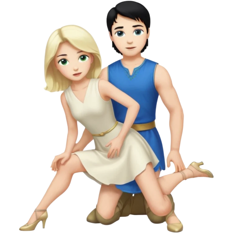 prince, upright, black Hair, blue eyes, Woman, blonde Hair, Green eyes, bending knee, sleveless White Dress, emoji