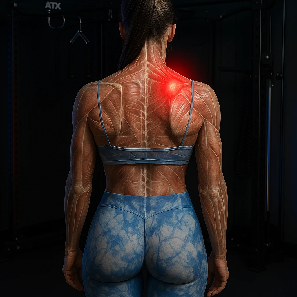 Anatomical hyperrealistic 4K view of a woman from the back in a gym environment, showing a muscle contracture as a clearly visible knot on the right side of the upper back muscles, translucent muscles and skin, with a red halo. Knot positioned higher. emoji
