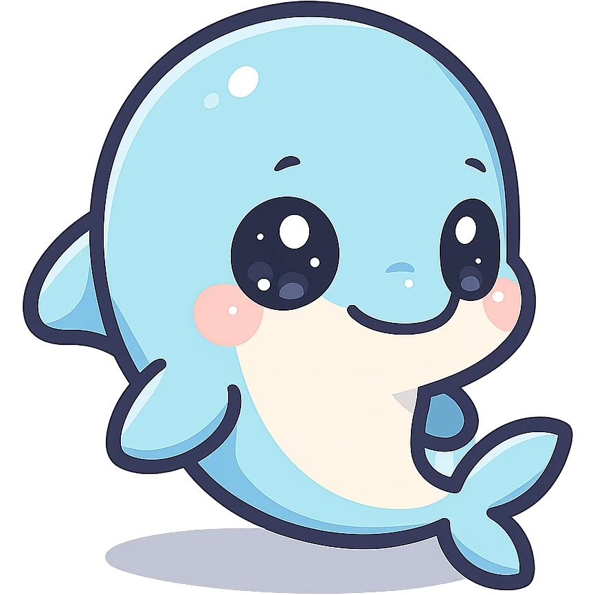 super kawaii chibi baby dolphin character, soft pastel colors, big sparkling eyes, bolder outline, soft shadow, high contrast, minimal clean layout, PNG, transparent background emoji
