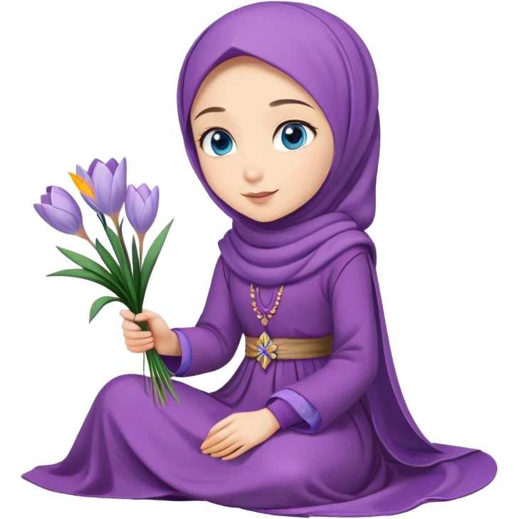 Turkish beautiful finish Konya girl blue eyes with crocus flower hijab long tail dress on the floor and hold crocus flower on hand  emoji