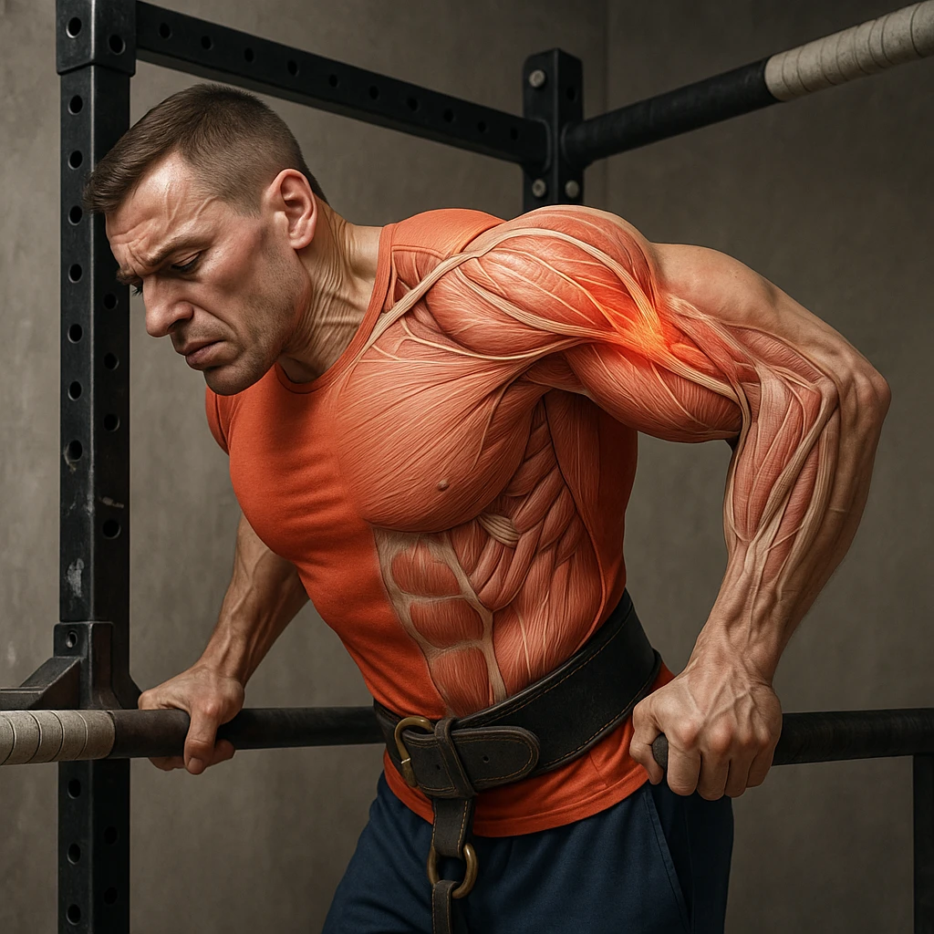 Hyperrealistic 4K anatomical illustration of a man performing a dip on parallel bars in a lateral position as in the reference image. Expression of discomfort, shoulder highlighted with an anatomical effect showing muscles, tendons, and inflammation. Gym atmosphere. Variant 8. emoji