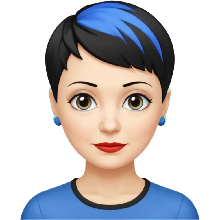 reife frau, vierzig Jahre alt kein kind! freche extreme schwarze Kurzhaarfrisur eine Seite wirklich fast keine Haare andere Seite mit blauer Strähne kurze Seite noch viel kürzer emoji