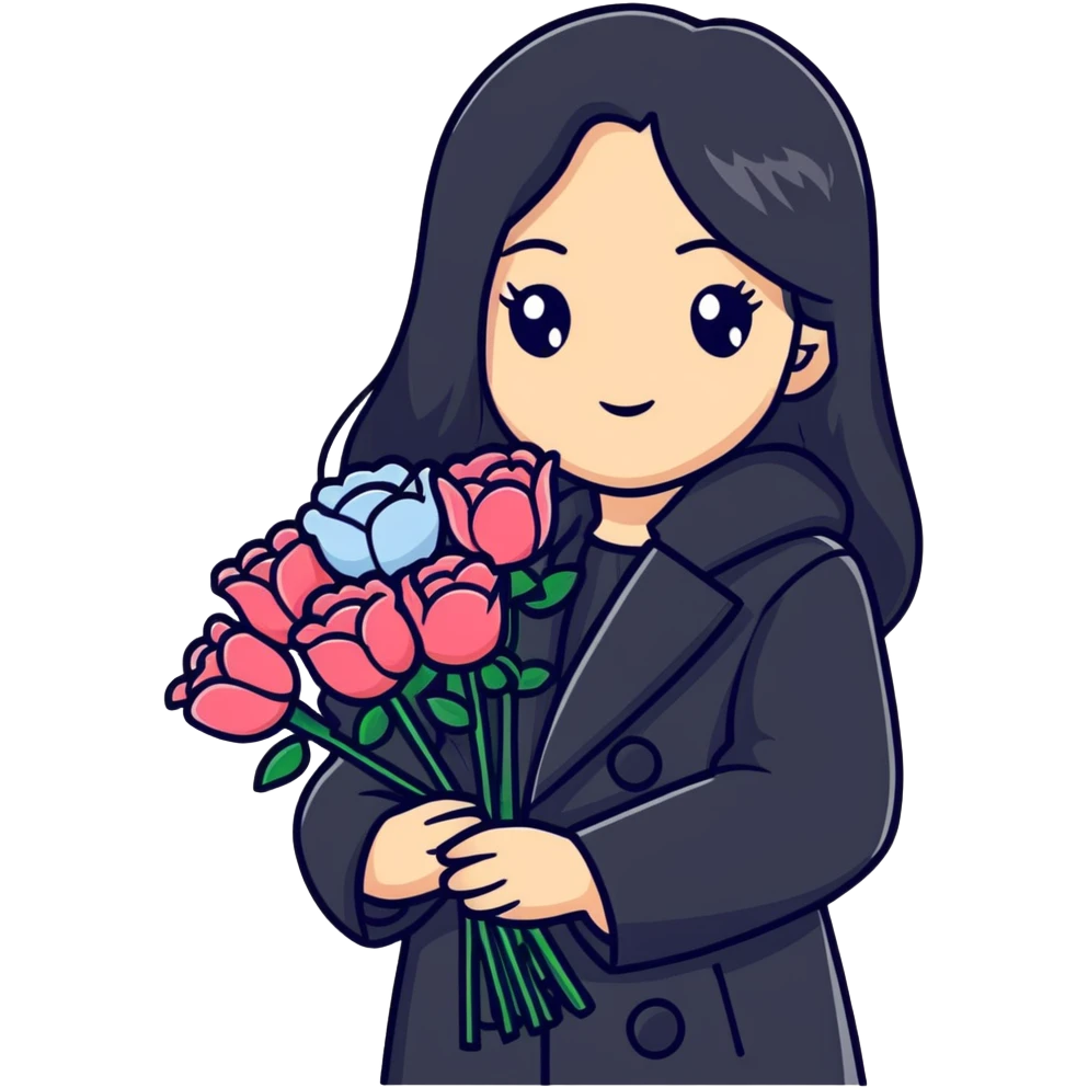 beautiful girl with long black hair wearing a black coat holding a bouquet of flowers emoji