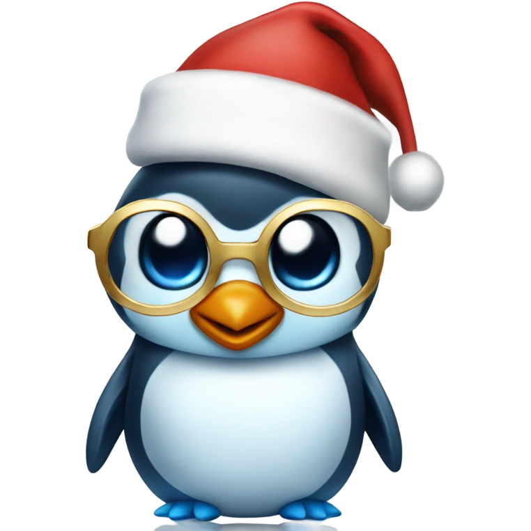 Cute blue penguin with a Santa hat and golden glasses emoji
