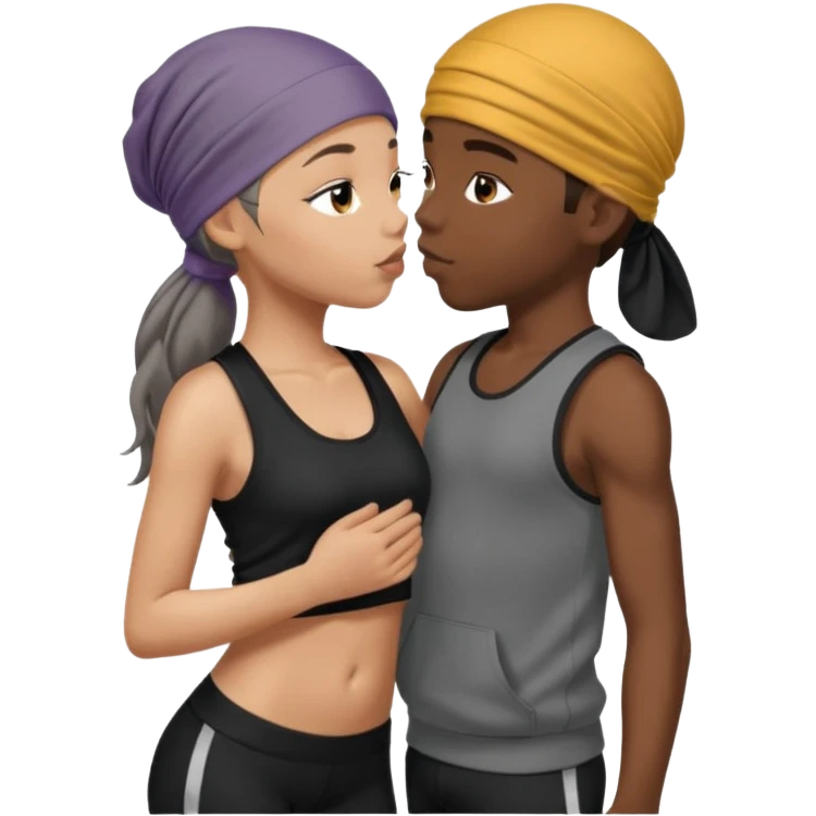 A girl with dark brown hair, light skin and blue wear black leggings and a black tank top kissing a boy with dark skin and a grey tracksuit wearing a du rag  emoji