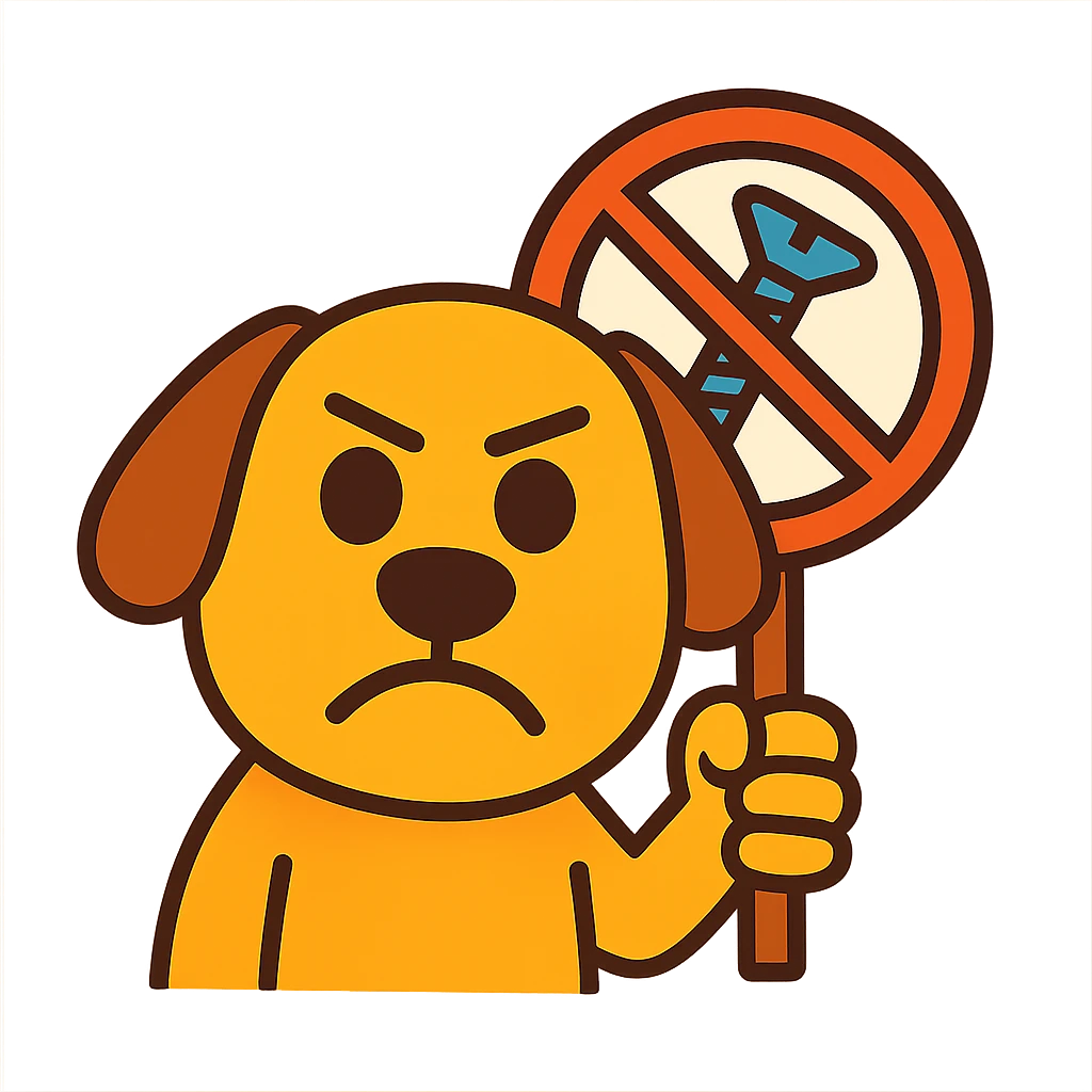 humorous emoji of a dog holding a 'no screws' sign, for 'Don't screw the pooch' emoji