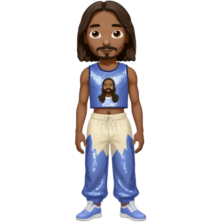 Snoop Dogg with long dark brown hair, periwinkle sequin crop top, cream sequin baggy pants emoji