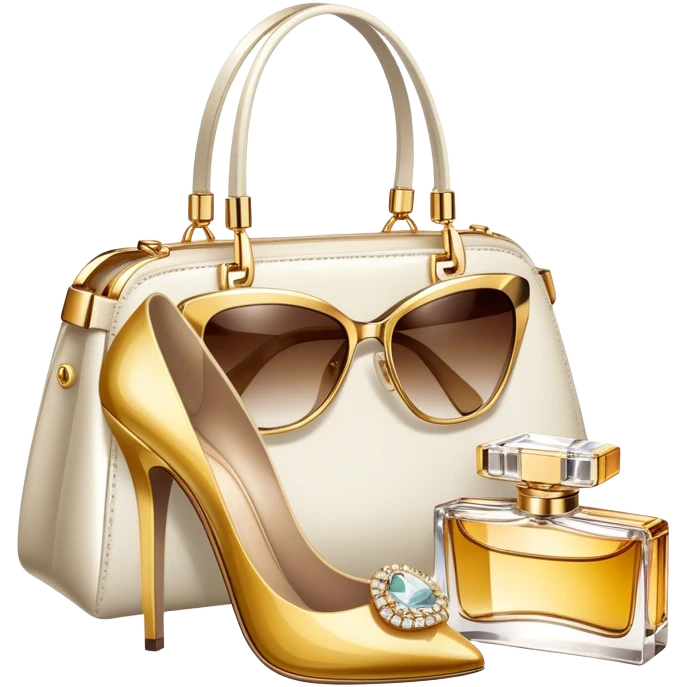 A photorealistic icon featuring luxurious fashion accessories like a high-end handbag, elegant high heels, a sparkling diamond necklace and a stylish pair of sunglasses. The design includes gold accents, purfume, and glamorous textures, fashion, and VIP luxury. Transparent background emoji