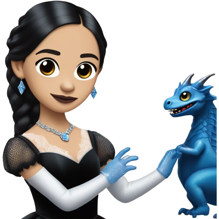 relaxed low-cut back silky black evening ball gown with lace gloves, Jenna Ortega as Wednesday Addams wearing a mini diamond tiara showing off blood blue cute horned old dragon hand-puppet emoji
