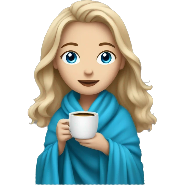 Dark blonde hair woman with blue eyes cozy blanket with coffee emoji