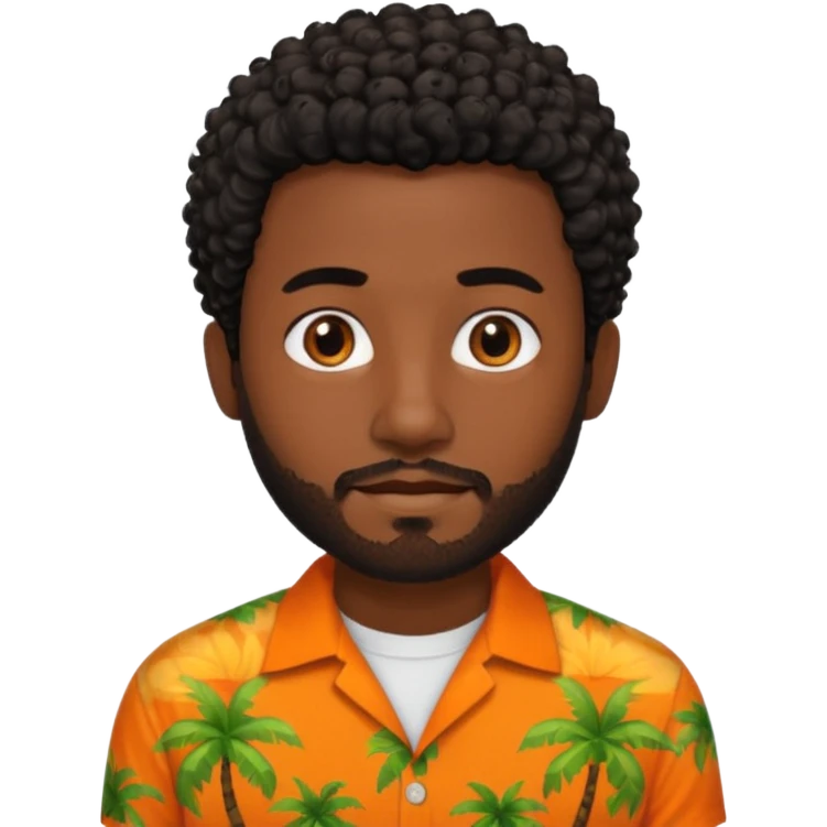 create an emoji of a man but with very very short curly black hair, no hair on the sides, dark skin, dark brown eyes and a short beard without a moustache and an orange and tropical shirt emoji