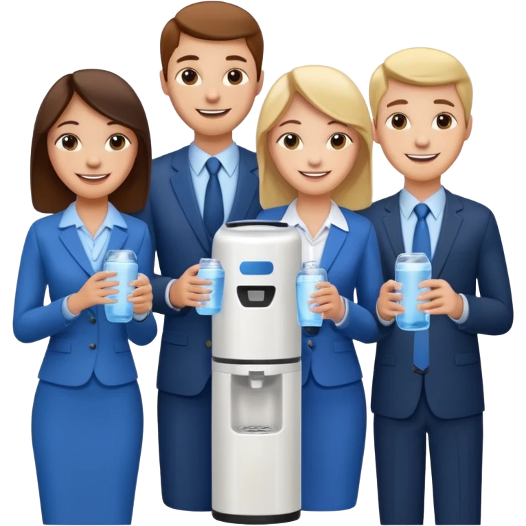 a group of 3 employees gathered around a water cooler, smiling and chatting emoji