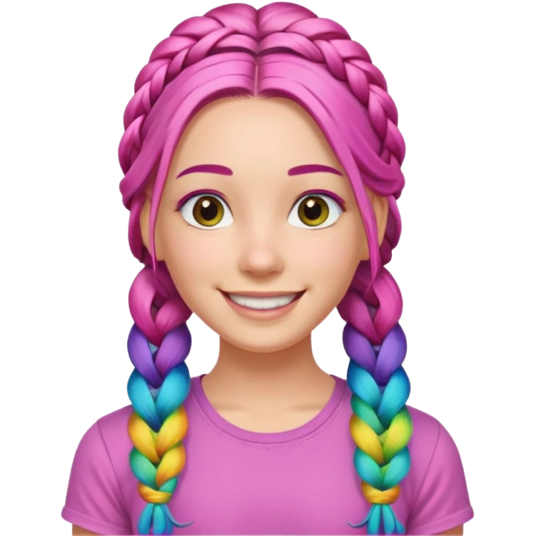 Woman with braided rainbow hair, happy — long braids, pink shirt emoji