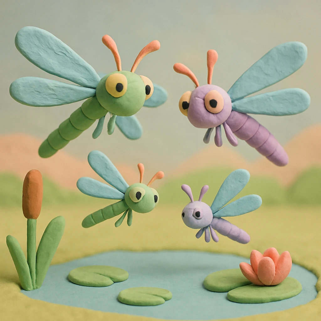 claymation style dragonfly family, two large and two small dragonflies hovering together above a pond, soft pastel colors, playful and gentle scene emoji
