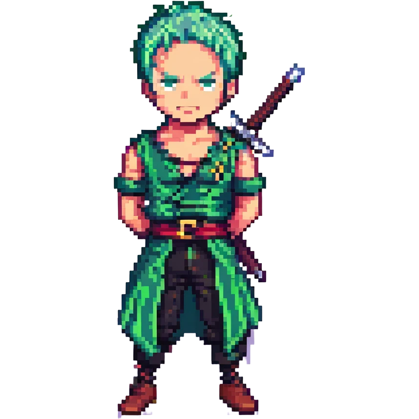 Zoro from One Piece, pixel art style, green hair, three swords, classic game look emoji