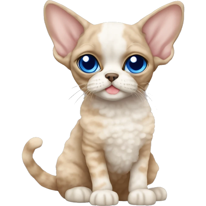 Beige curly fur Devon Rex Cat with blue eyes sitting next to a beige shih tzu   emoji