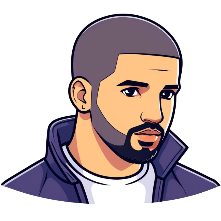 Hyperrealism, isolated, 3D rendering, digital stickers illustration of the Canadian rapper " Drake" 2025. Must be of highest quality 2800x2800px , clean smooth lines, no emoji icons or faces, glossy appearance overall. Full transparent background  emoji