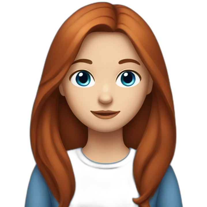 a girl with long, straight brown hair and blue eyes with a red cat emoji