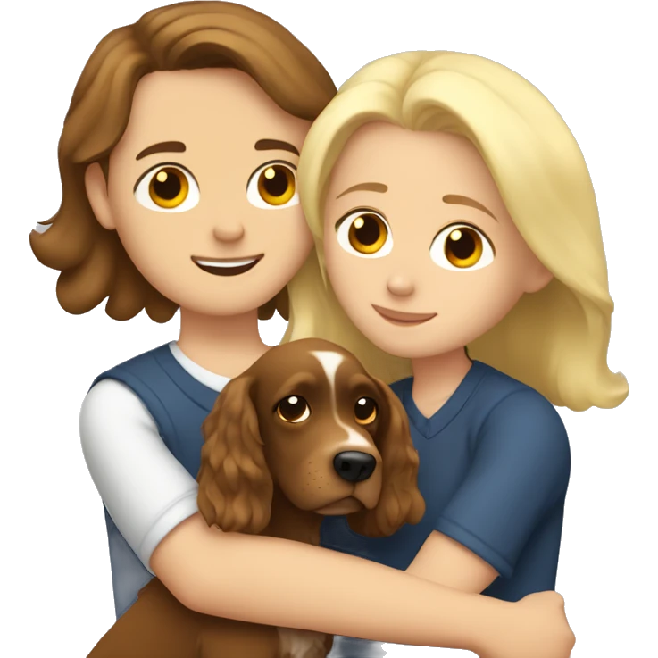 Brown hair Girl hugs an Blonde Boy with cocker spaniel  emoji